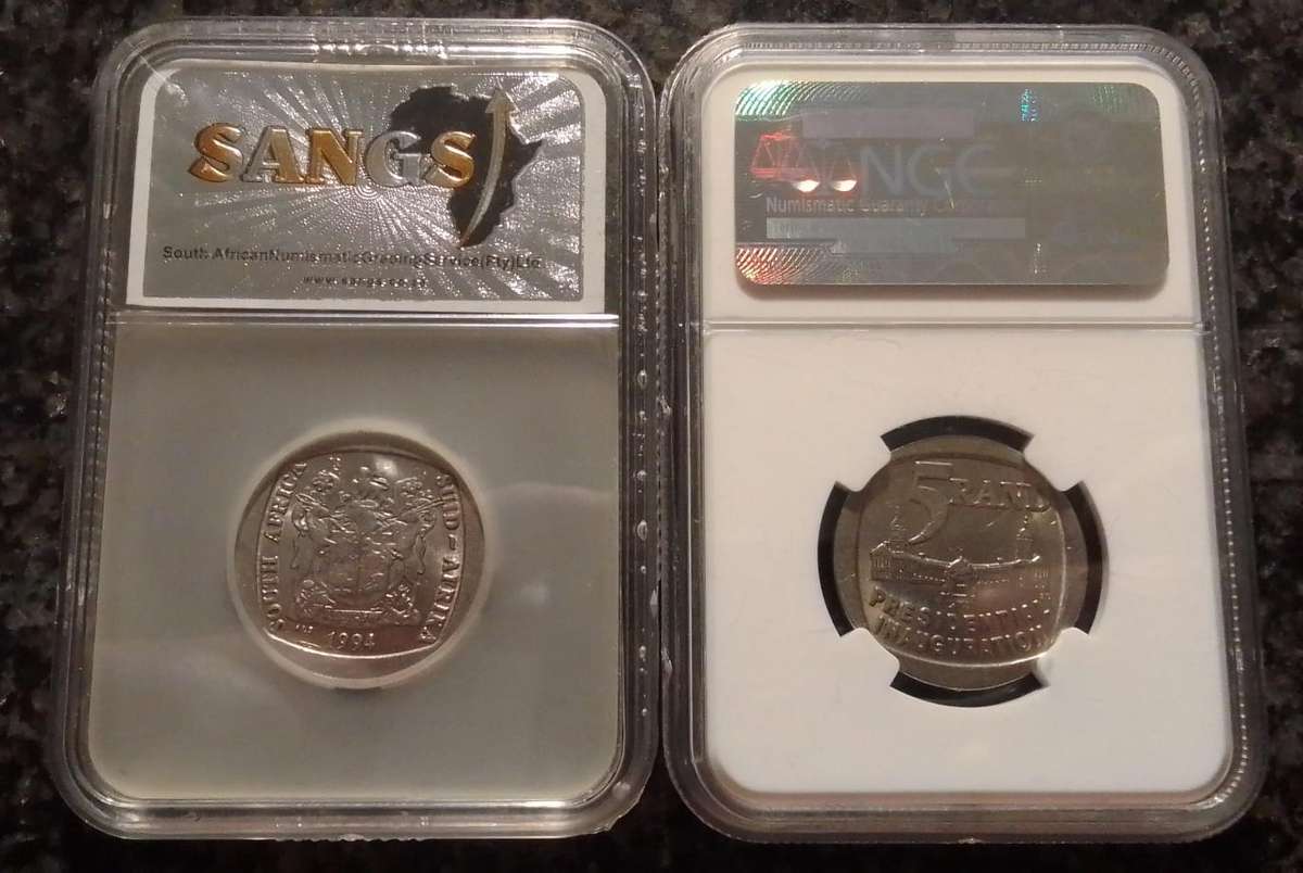 2x South Africa R5 -MANDELA 1994 INAUGURATION GRADED COINS AU50 & AU58