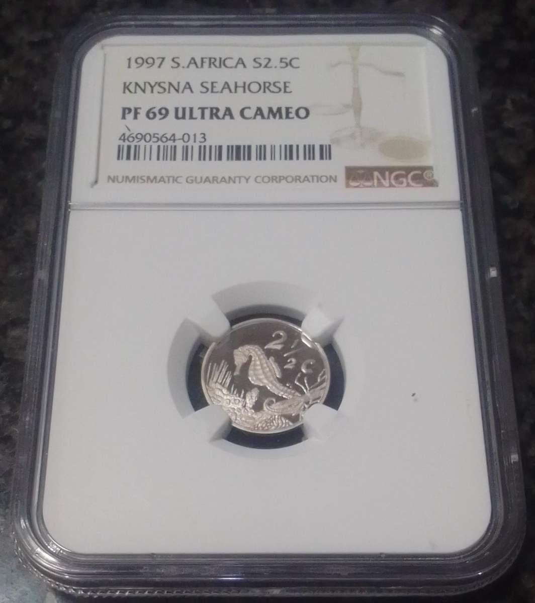**A MUST-SEE COIN** - PF69 Ultra Cameo - 1997 South Africa 2½ Cent Knysna Seahorse Silver Coin.