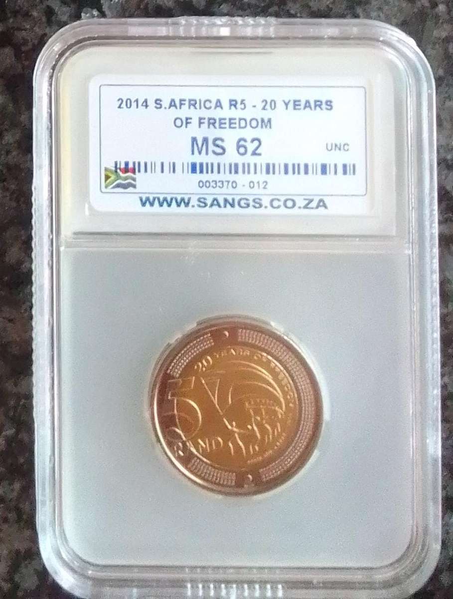 2014 South Africa 20 Years of Freedom R5 Coin - Graded MS62