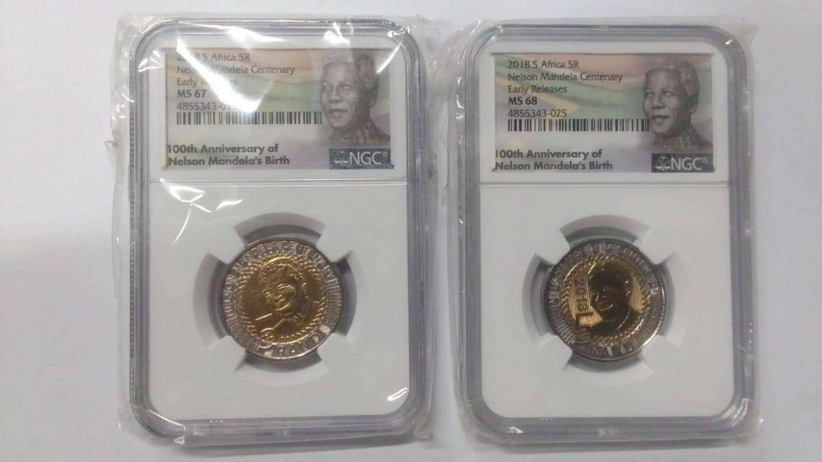 2x High Graded MS67 & 68 Nelson Mandela Centenary 2018 Early Release R5 Coins