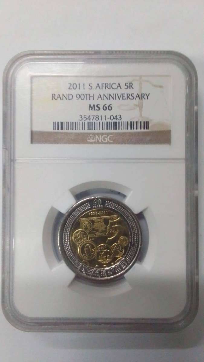 2011 South Africa 90th Anniversary of the Reserve Bank R5 Coin. Graded MS66