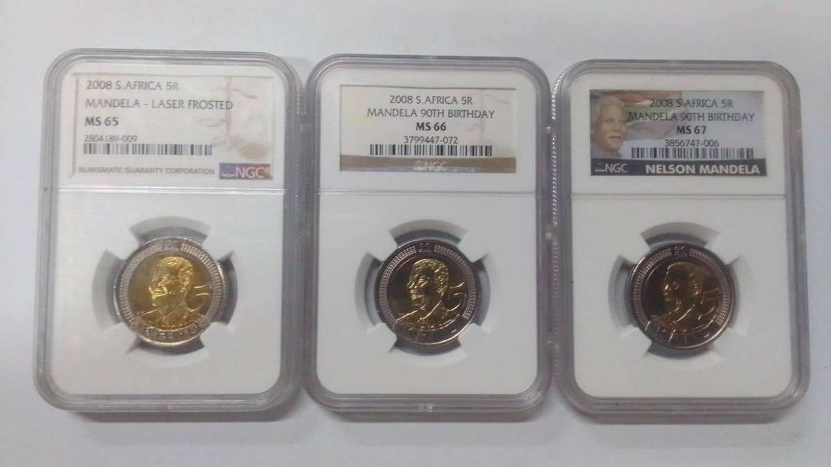 2008 South Africa Mandela 90th Birthday R5 coins - Set of 3 Graded MS65 & 66 & 67