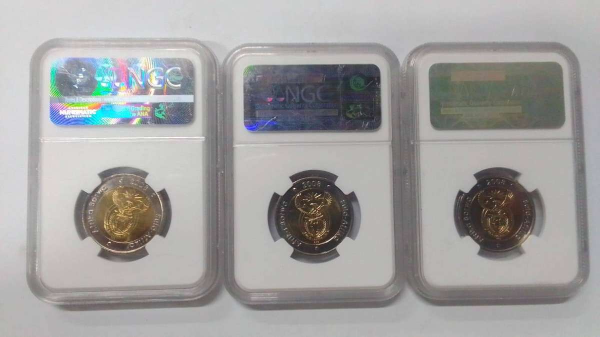 2008 South Africa Mandela 90th Birthday R5 coins - Set of 3 Graded MS65 & 66 & 67