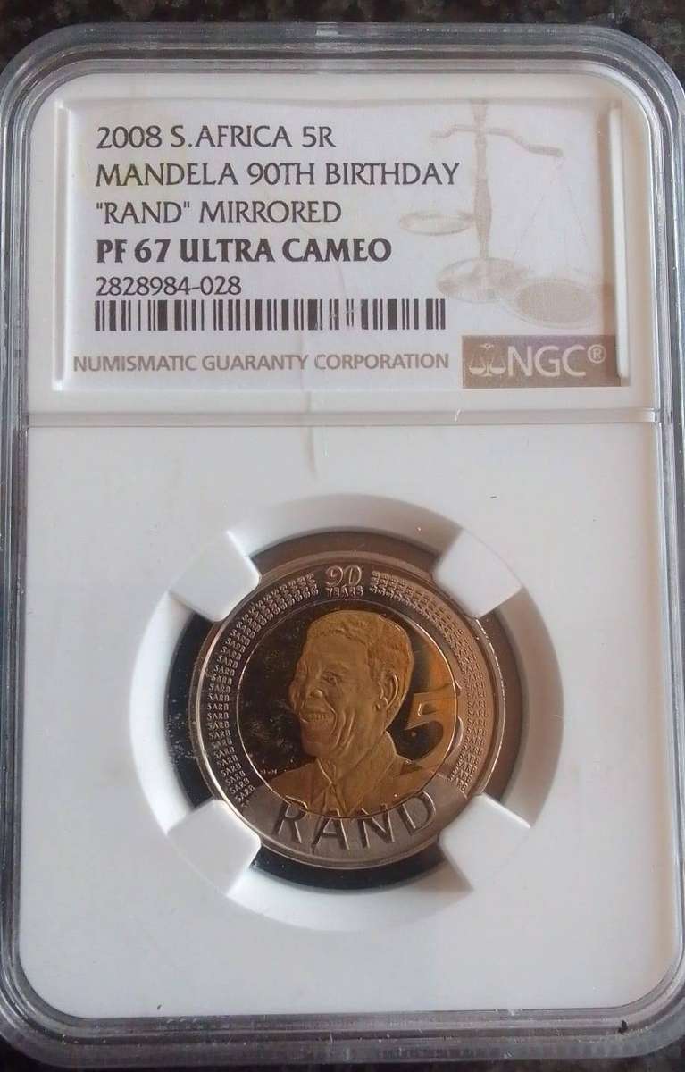 **PF67 High Graded** 2008 South Africa Mandela 90th Birthday R5 coin.
