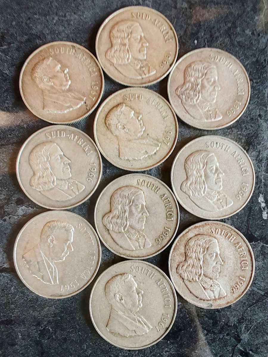 10 x South African 1 Rand Silver Coins (1960s)  80% Silver- LOT 9