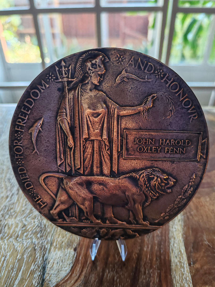 WWI Memorial Plaque  Dead Mans Penny of Private John Harold Oxley Fenn (Service No. 636020)