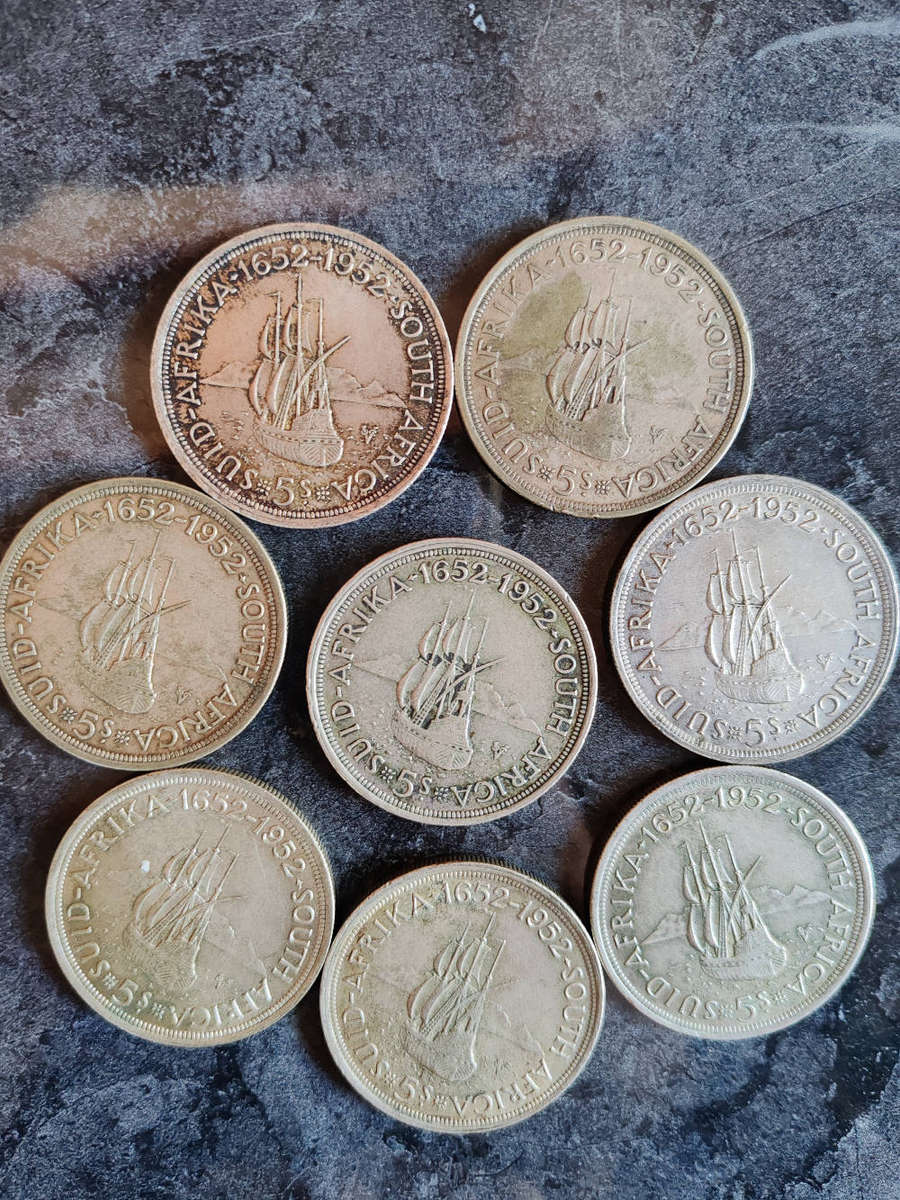 8 x South African 5 Shillings Silver Coins (1952)  50% Silver- LOT 4
