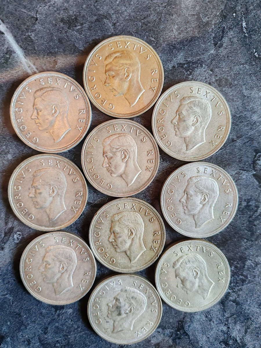 10 x South African 5 Shillings Silver Coins (1952)  50% Silver - LOT 2