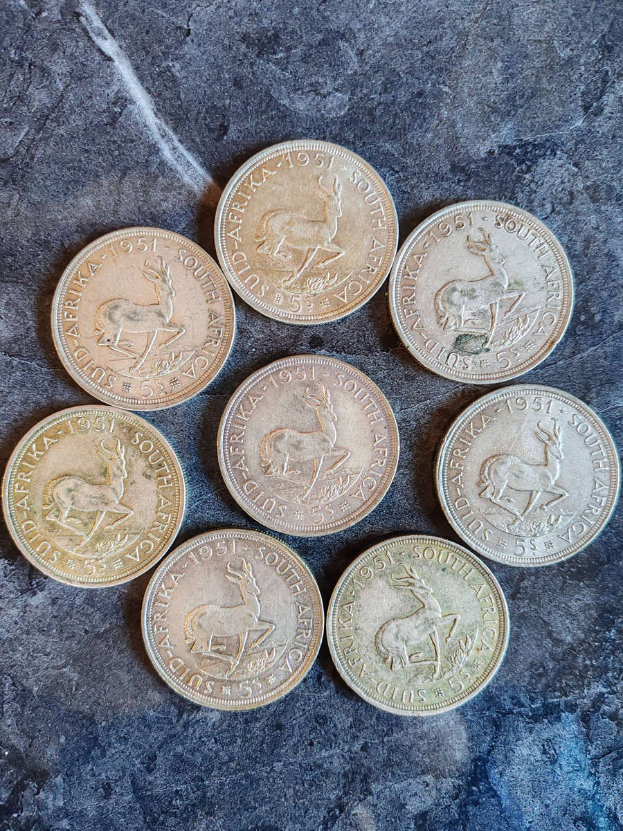8 × South Africa 5 Shillings  1951 (50% Silver) - LOT 12