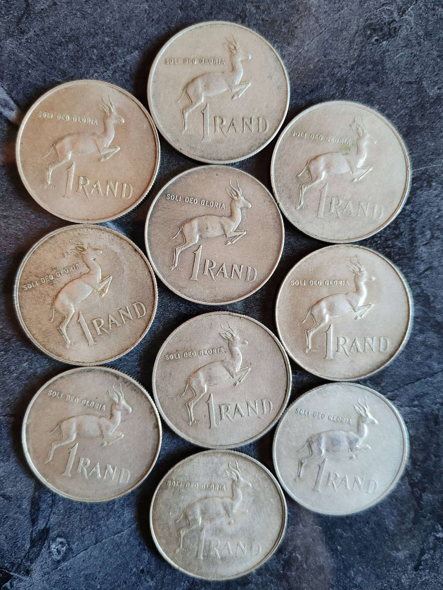 10 x South African 1 Rand Silver Coins (1960s)  80% Silver- LOT 8