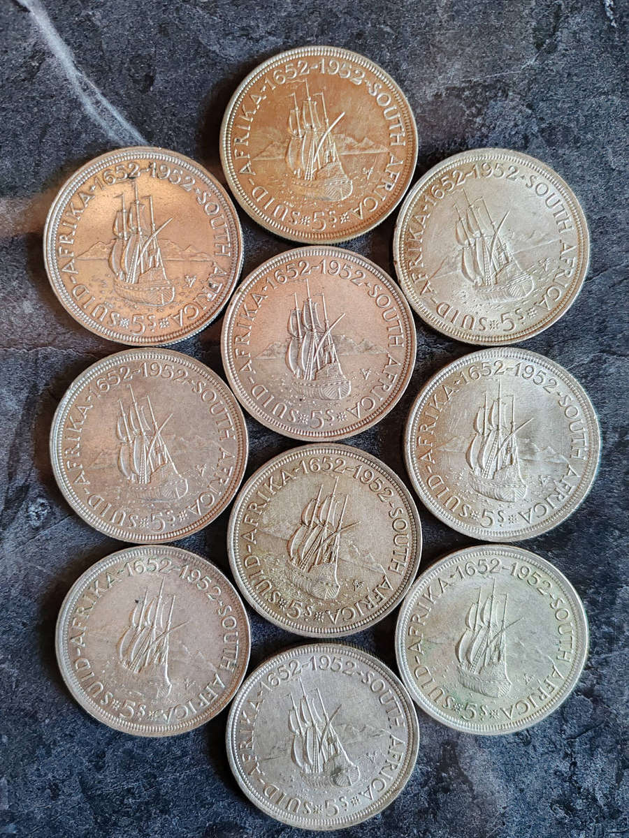 10 x South African 5 Shillings Silver Coins (1952)  50% Silver - LOT 2