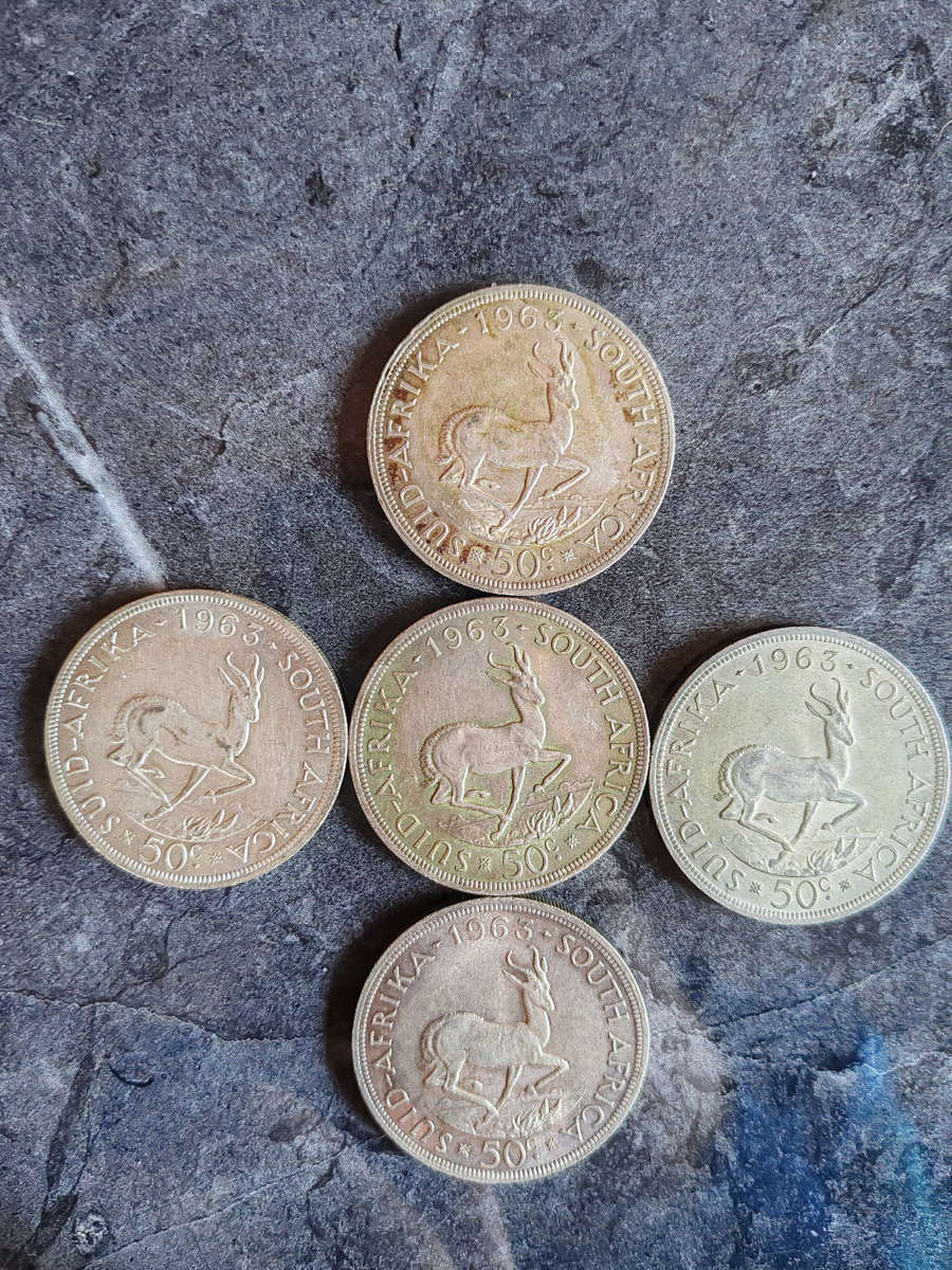 5 × 1963 South Africa 50 Cents  50% Silver Coins- LOT 8