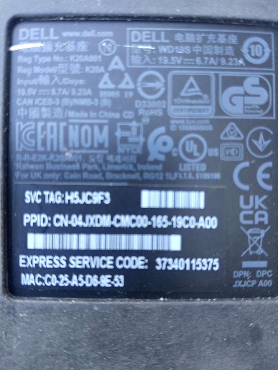 Dell WD19S K20A USB-C Docking Station K20A001