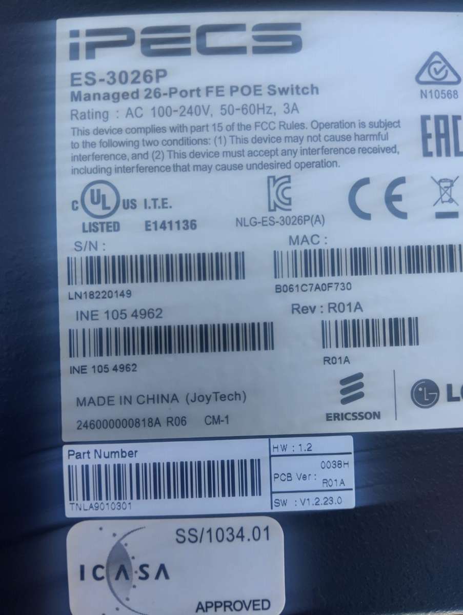 LG-ERICSSON iPECS ES-3026P Managed 26 Port FE PoE Rack-Mountable Switch