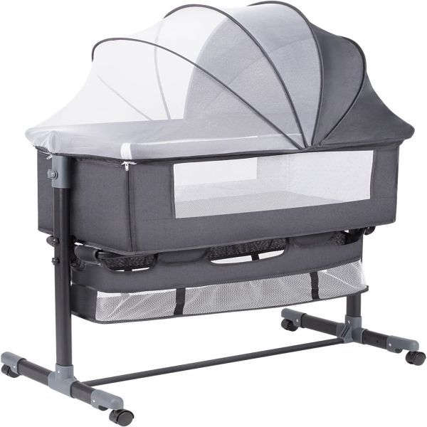 3 In 1 Bedside Baby Bassinet Sleeper Crib With Bed Nets-DARK GRAY