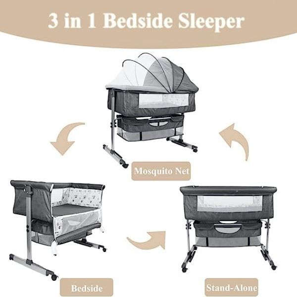 3 In 1 Bedside Baby Bassinet Sleeper Crib With Bed Nets-DARK GRAY