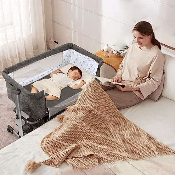 3 In 1 Bedside Baby Bassinet Sleeper Crib With Bed Nets-DARK GRAY