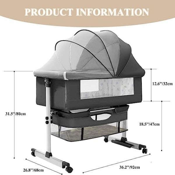3 In 1 Bedside Baby Bassinet Sleeper Crib With Bed Nets-DARK GRAY