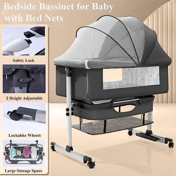 3 In 1 Bedside Baby Bassinet Sleeper Crib With Bed Nets-DARK GRAY