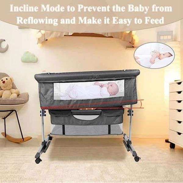 3 In 1 Bedside Baby Bassinet Sleeper Crib With Bed Nets-DARK GRAY