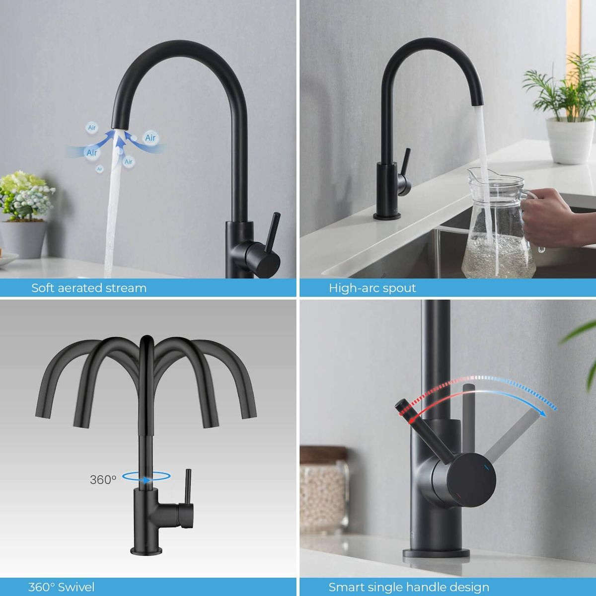 Modern Kitchen Mixer Tap with Swivel Spout - Matt Black