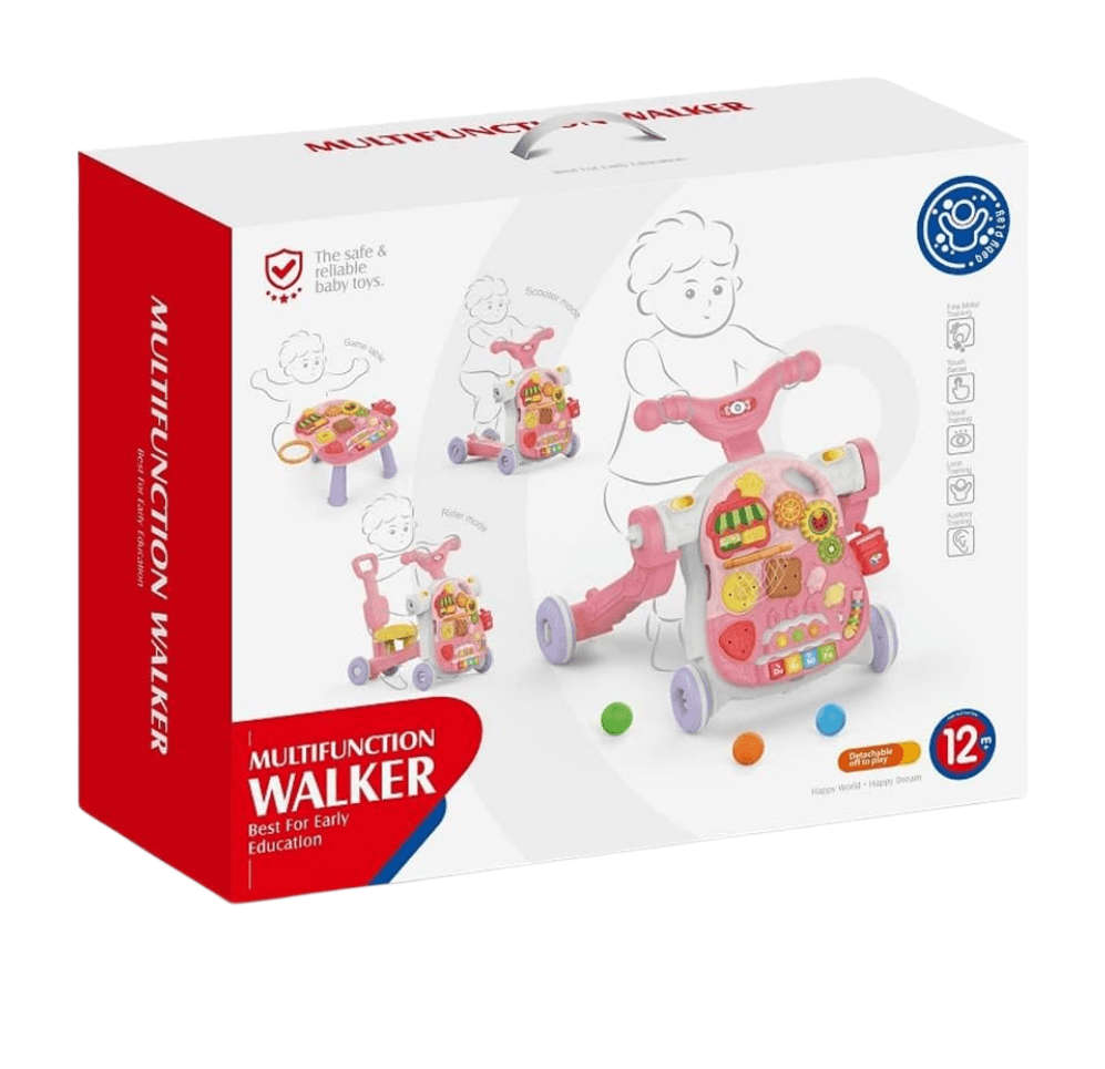 4 in 1 Baby Multifunction Walker, Game Panel, Sit-to-Stand Walker - Pink