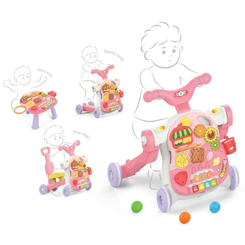 4 in 1 Baby Multifunction Walker, Game Panel, Sit-to-Stand Walker - Pink