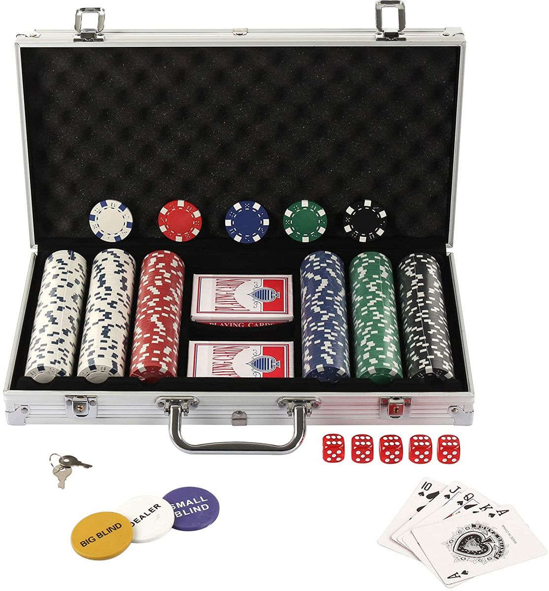 Poker Set 300 Pieces with Aluminum Case, 2 Decks of Cards, Dealer Button, 5 Dic