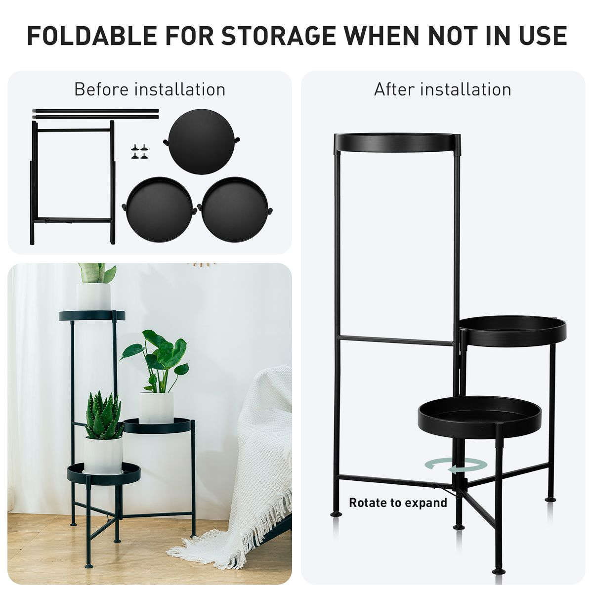 Garden Home Decor Pot Plant Display Stand Foldable Flower Pot Holder - 3 Tier - Black