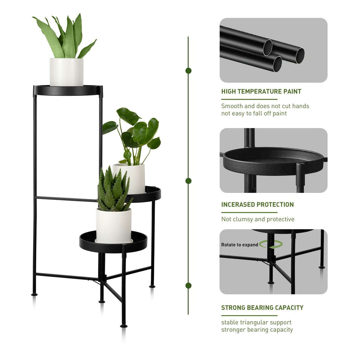 Garden Home Decor Pot Plant Display Stand Foldable Flower Pot Holder - 3 Tier - Black