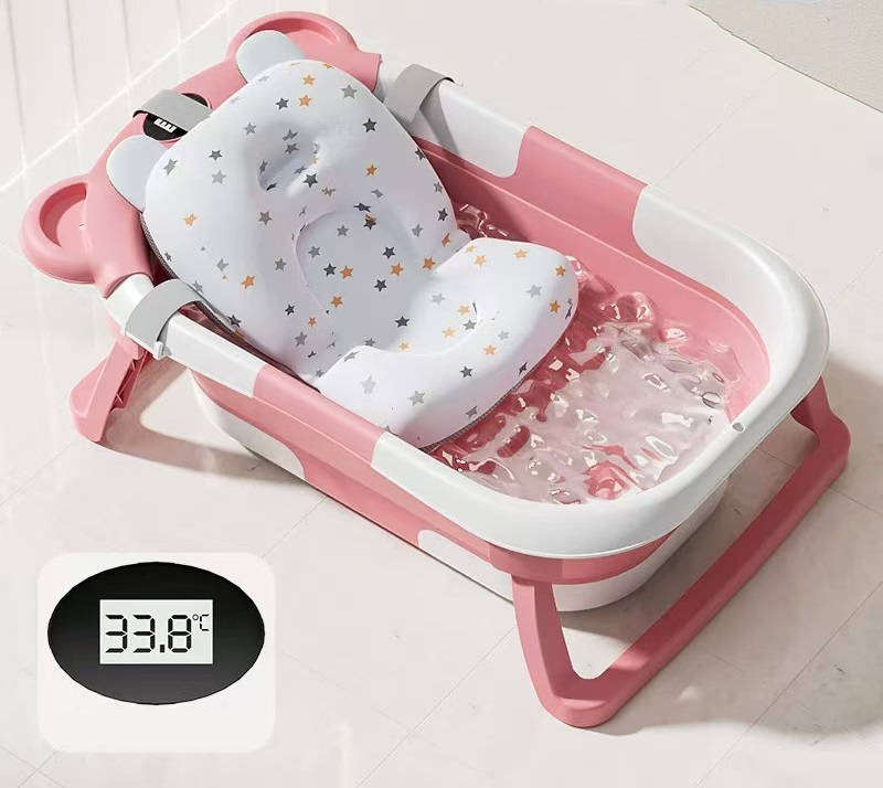 Foldable Baby Bathtub Collapsible Portable Instant Temperature Display - Pink