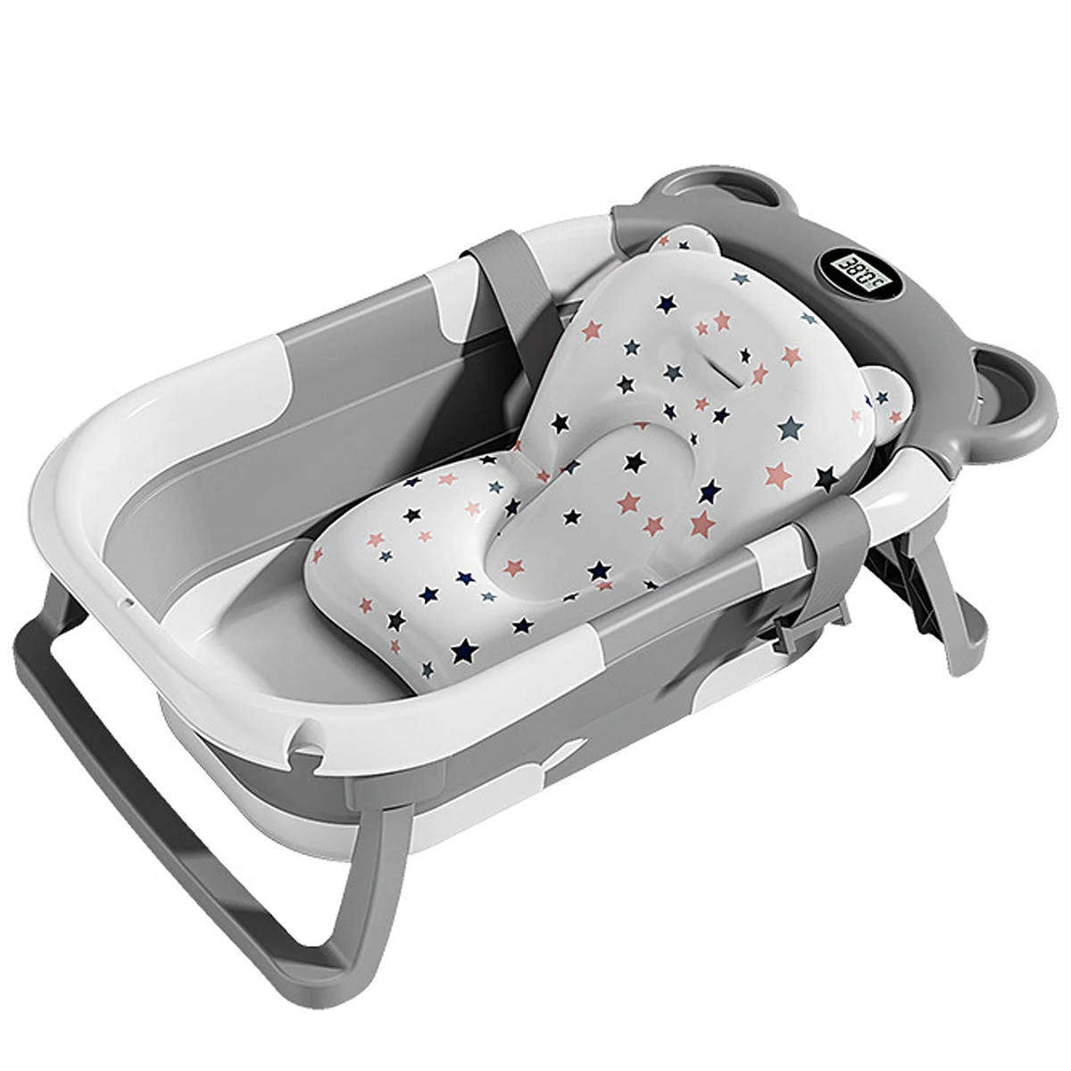 Portable Collapsible Baby & Infant Bath Tub Cushion & Temperature Sensor - Grey, White