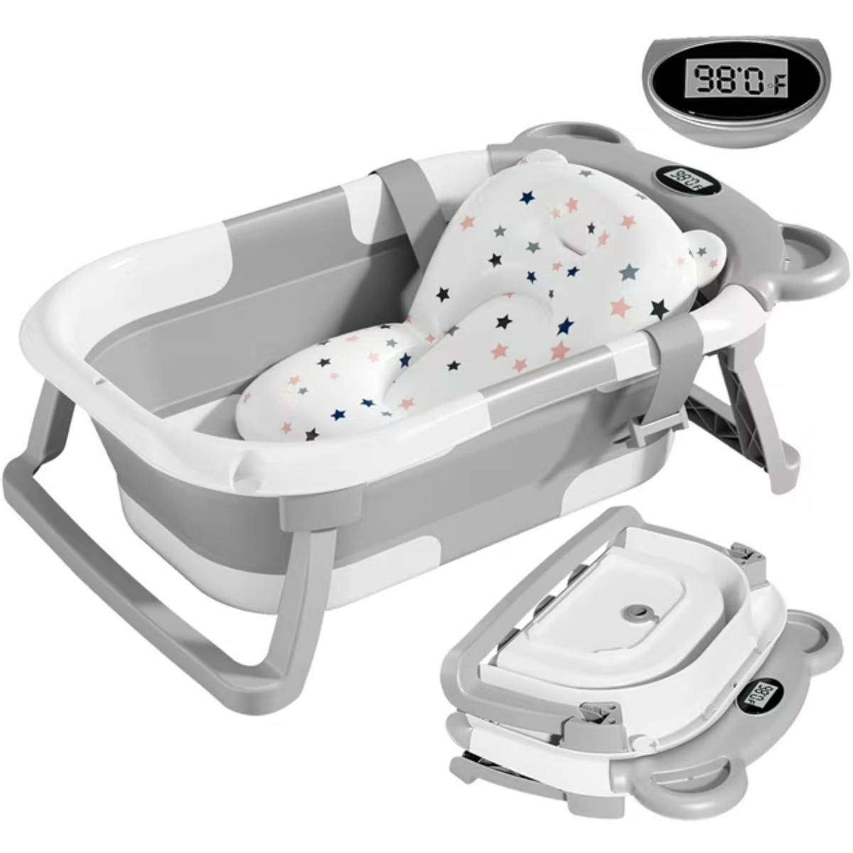 Portable Collapsible Baby & Infant Bath Tub Cushion & Temperature Sensor - Grey, White
