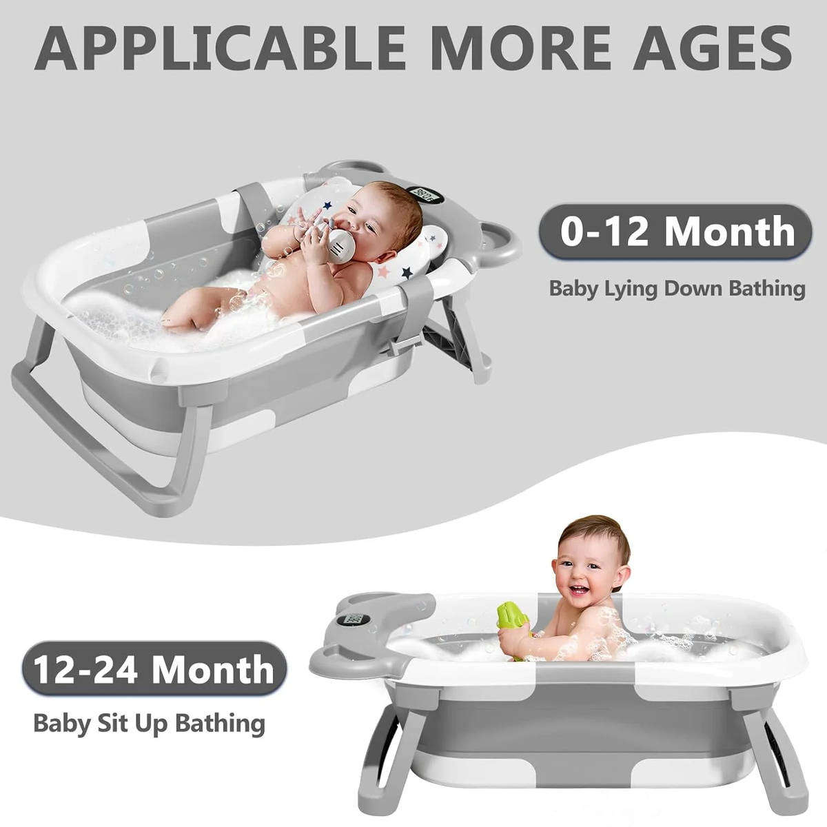 Portable Collapsible Baby & Infant Bath Tub Cushion & Temperature Sensor - Grey, White