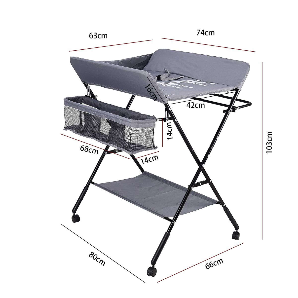 Folding Baby Changing Table Diaper Station with Wheels - Grey