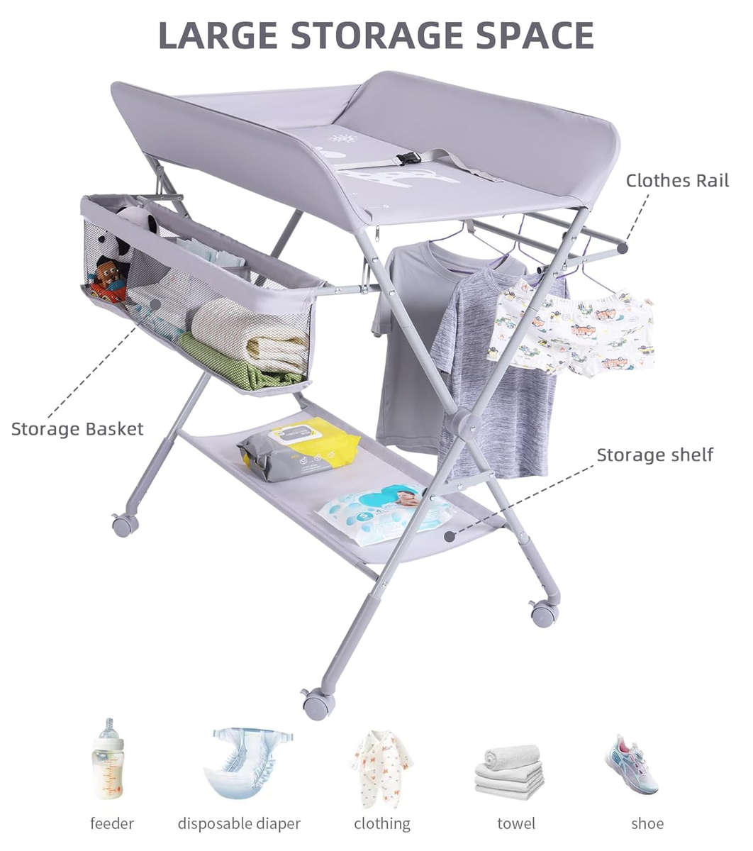 Folding Baby Changing Table Diaper Station with Wheels - Grey