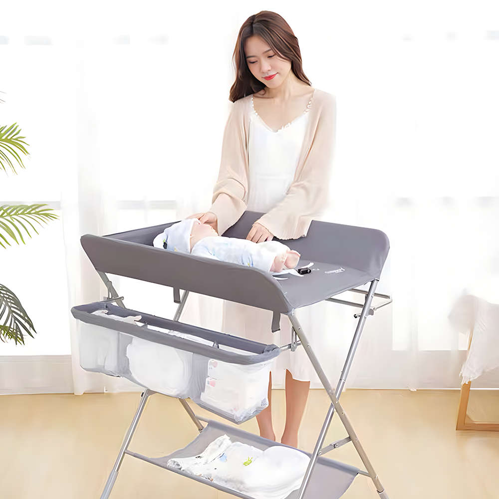 Folding Baby Changing Table Diaper Station with Wheels - Grey
