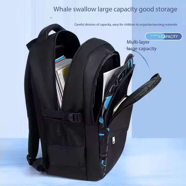 Student school bag with non-removable wheels, trolley backpack - Black+Blue