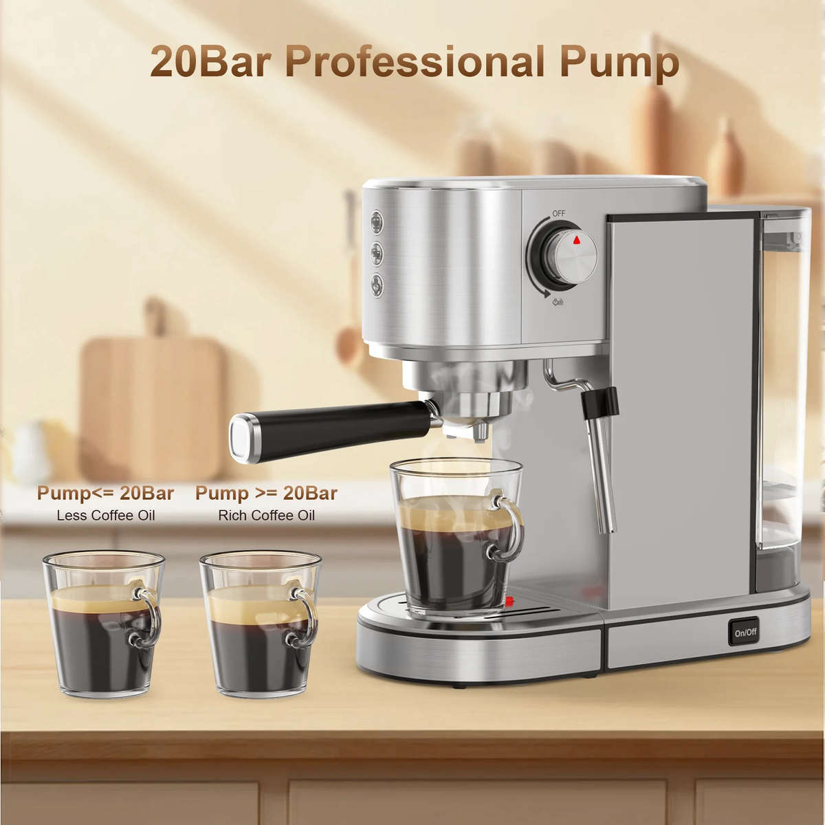 Professional espresso machine, 20 bar removable water tank, stainless steel