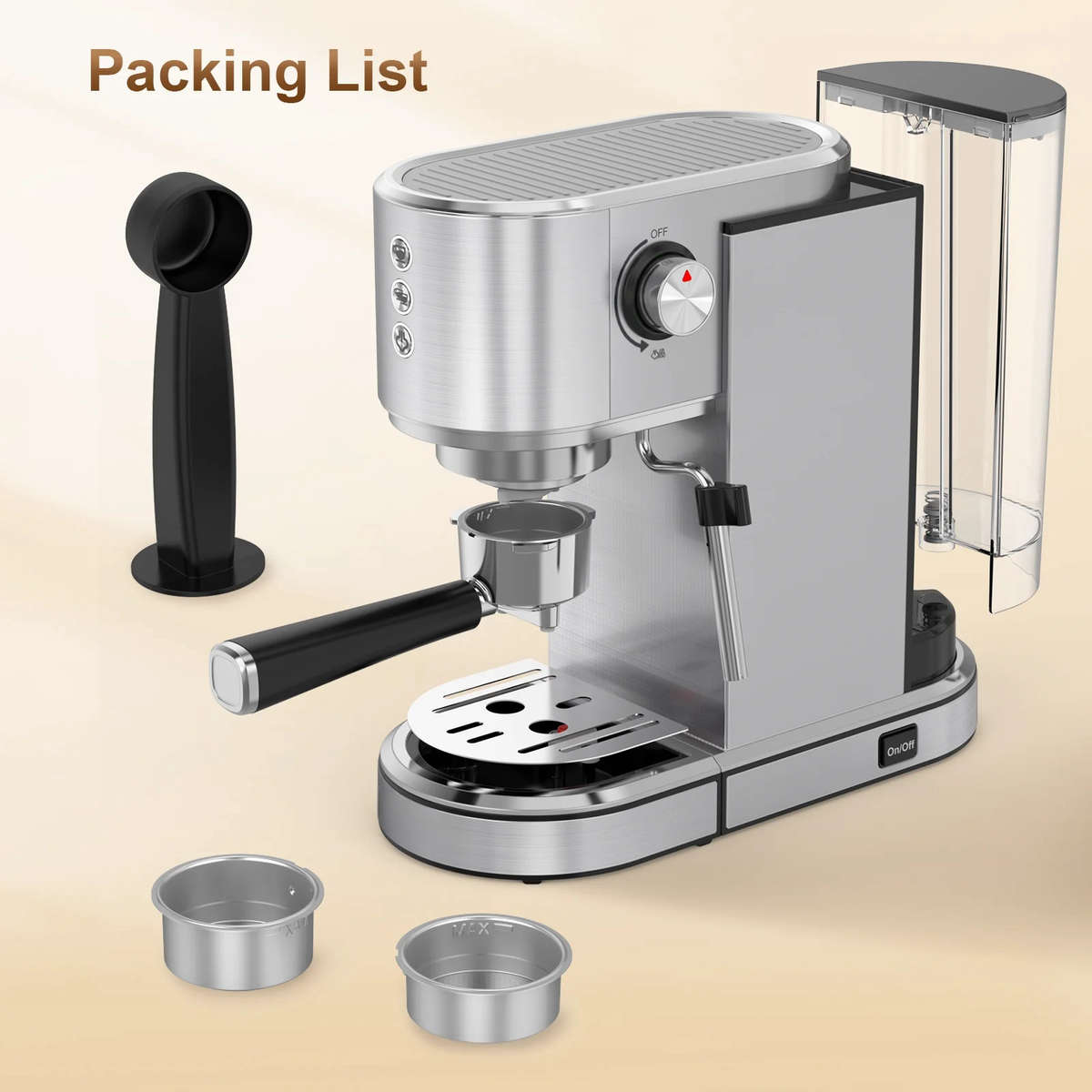 Professional espresso machine, 20 bar removable water tank, stainless steel