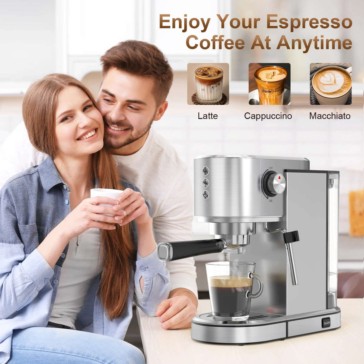 Professional espresso machine, 20 bar removable water tank, stainless steel