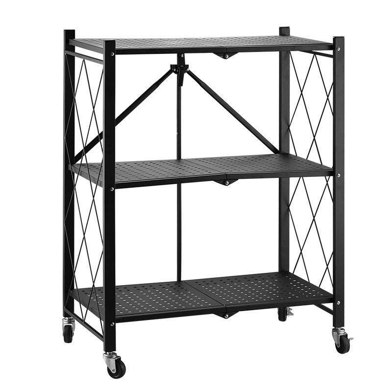 Metal 3 Tier Foldable Storage Shelve Home Storage Rack With Wheels - Black