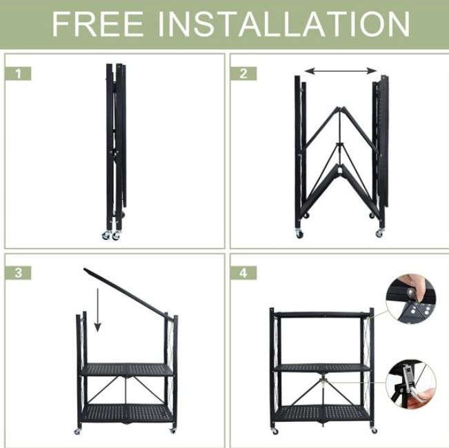 Metal 3 Tier Foldable Storage Shelve Home Storage Rack With Wheels - Black