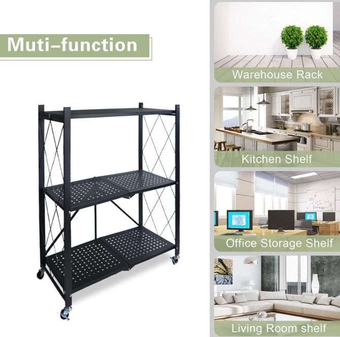 Metal 3 Tier Foldable Storage Shelve Home Storage Rack With Wheels - Black