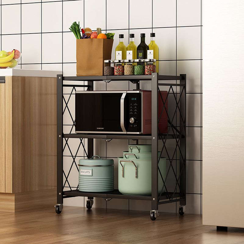 Metal 3 Tier Foldable Storage Shelve Home Storage Rack With Wheels - Black