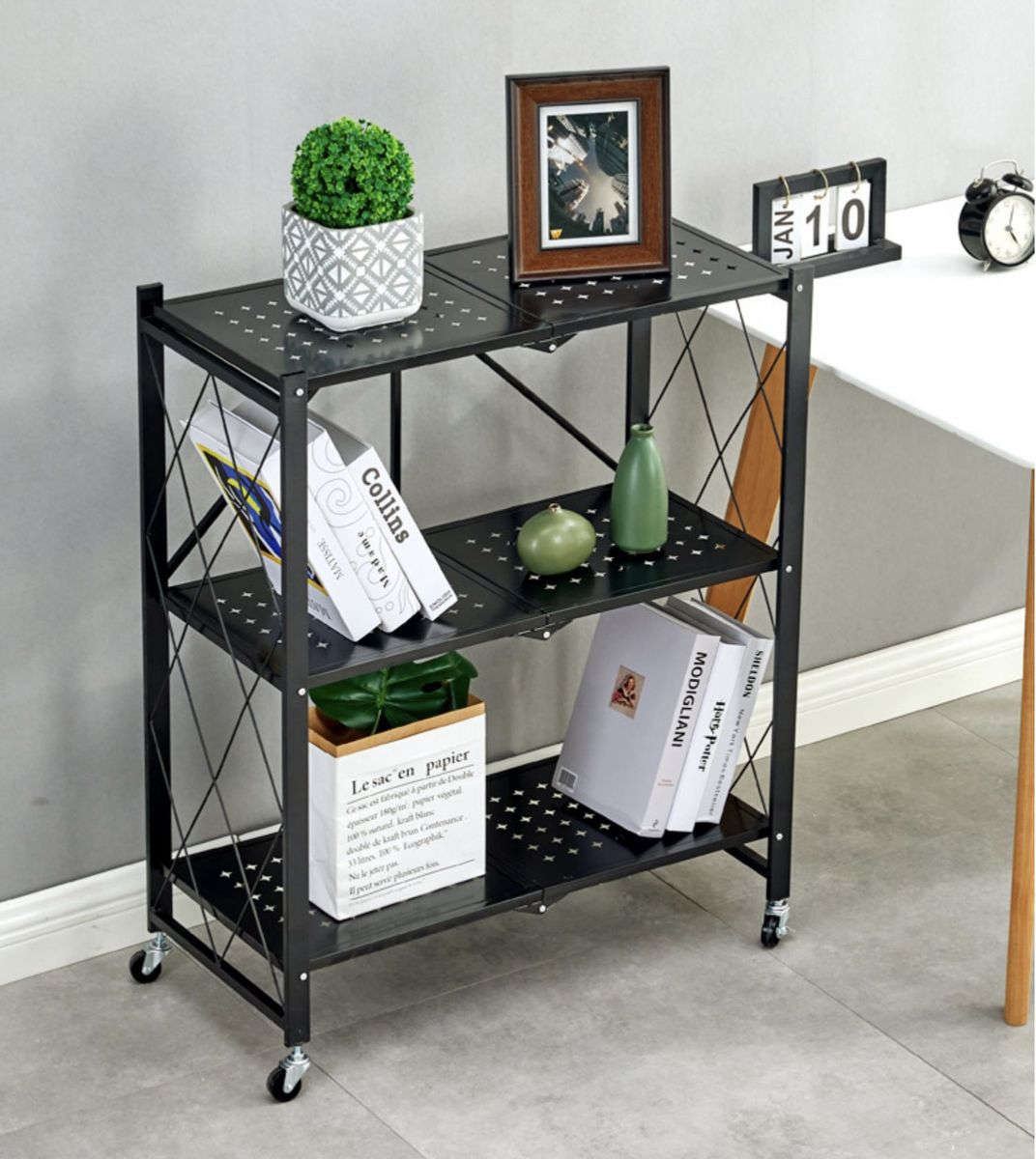 Metal 3 Tier Foldable Storage Shelve Home Storage Rack With Wheels - Black
