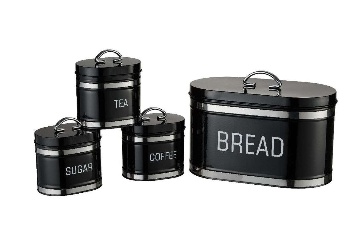 4-Piece Retro Bread Bin and Canister Set - Chrome Stripe - Gloss Black with Chrome
