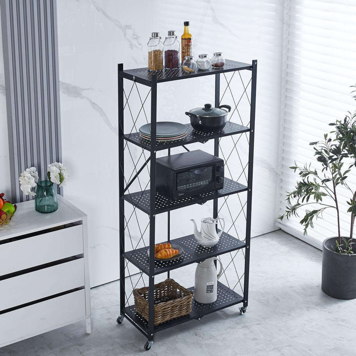5 Tier Folding Storage Organizing Rack with Wheels
