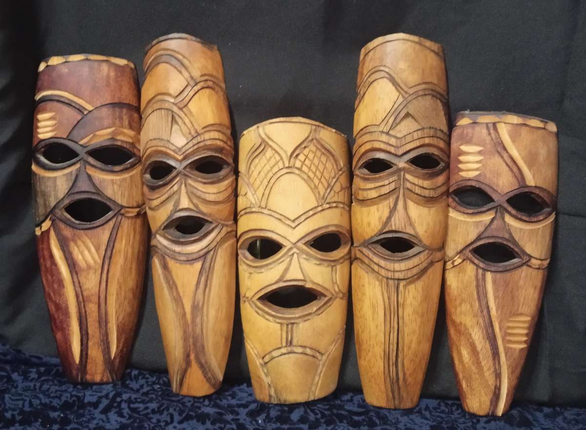 African Wooden Tribal Masks. Set of Five, Hand Carved