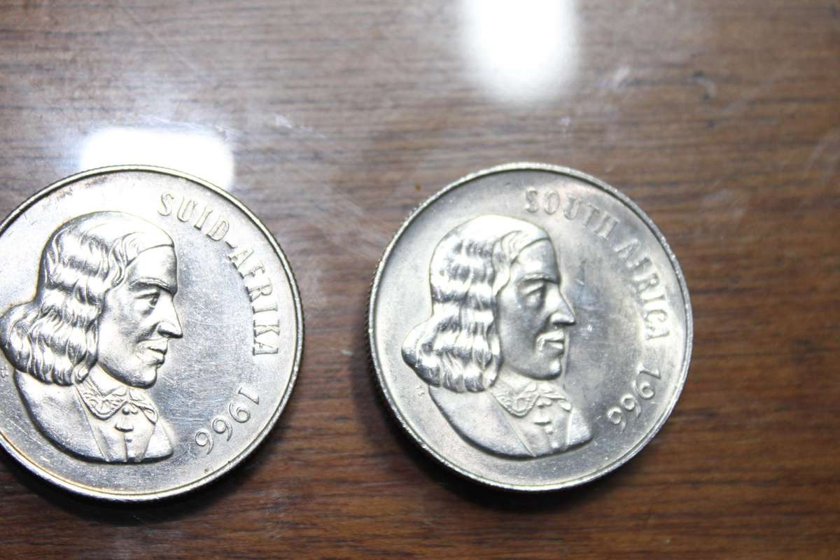 1966 AFRIKAANS AND ENGLIH SIVER 1 RAND COINS SUPER NICE CONDITION